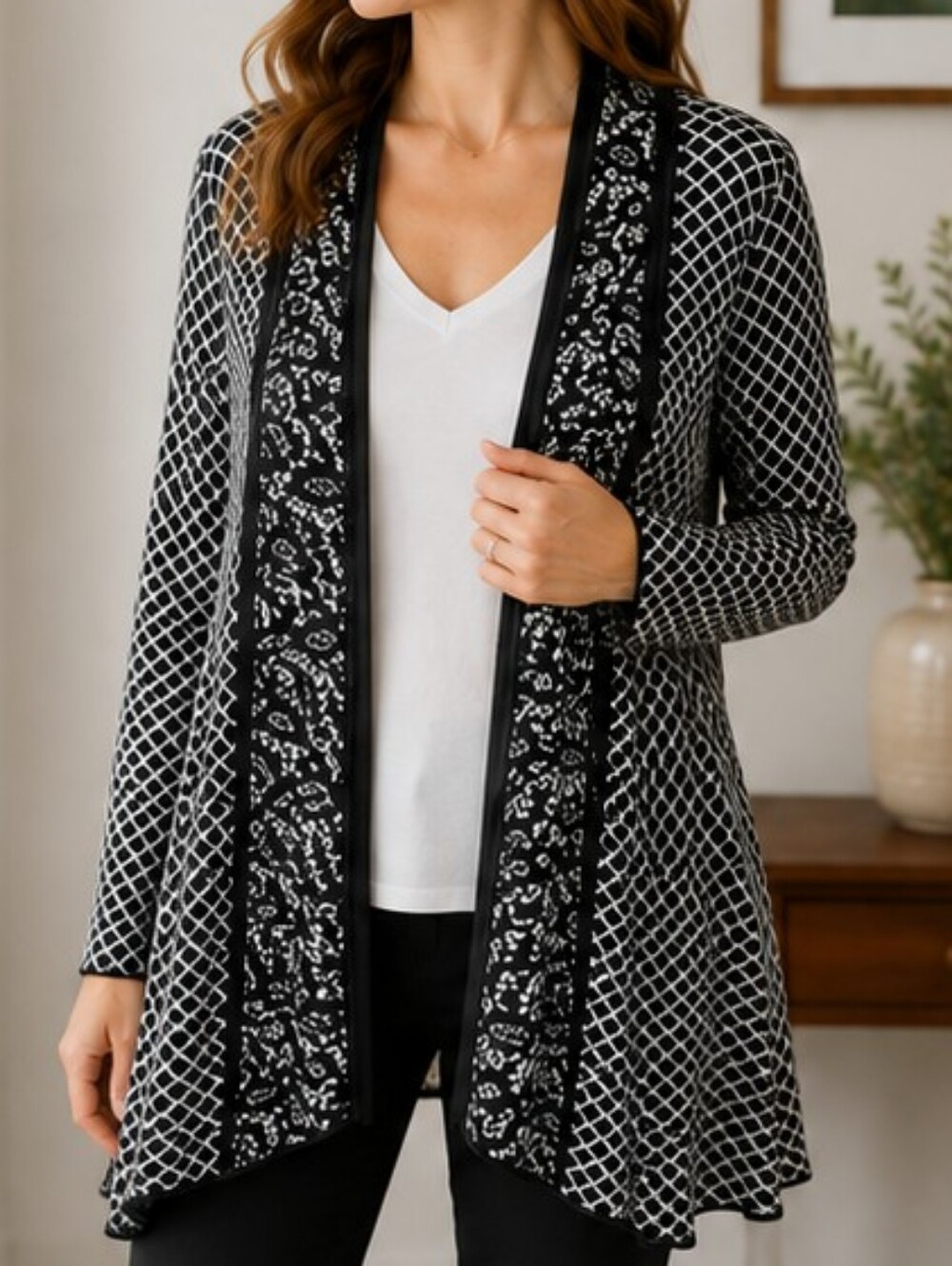 Belldini Black White Mixed Print Longline Open Cardigan XL